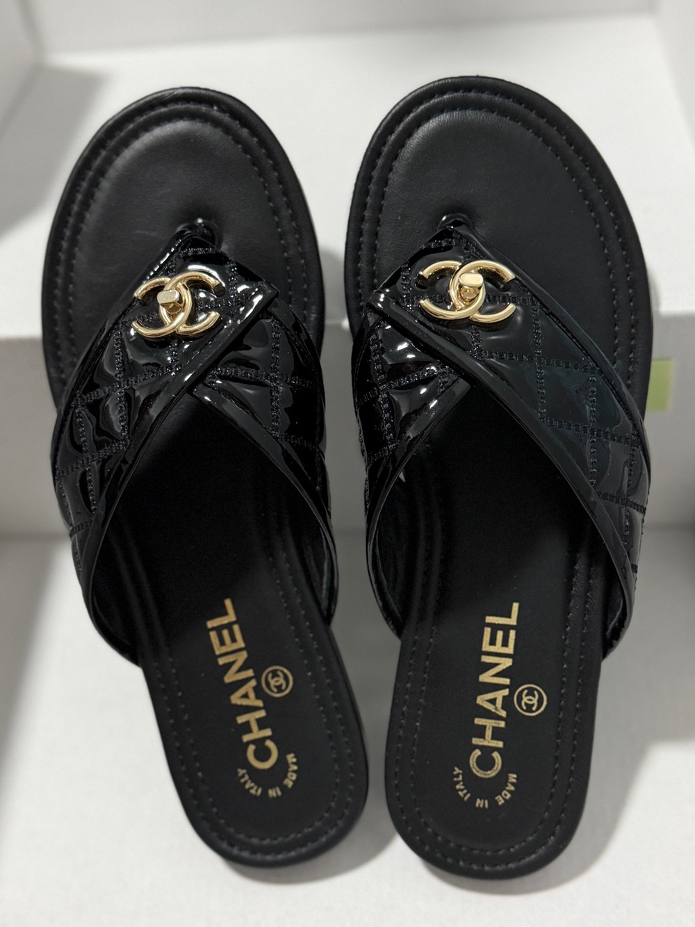 CHANEL Black Quilted Patent Leather Slide Sandals - Picture 12 of 12